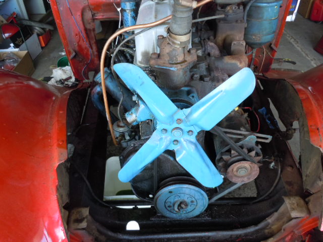 This fan was blamed for inadequate air flow, so it was replaced with a 5 blade fan.  While ordering parts for this truck, we found the motor was from a 1947 Chevy truck.